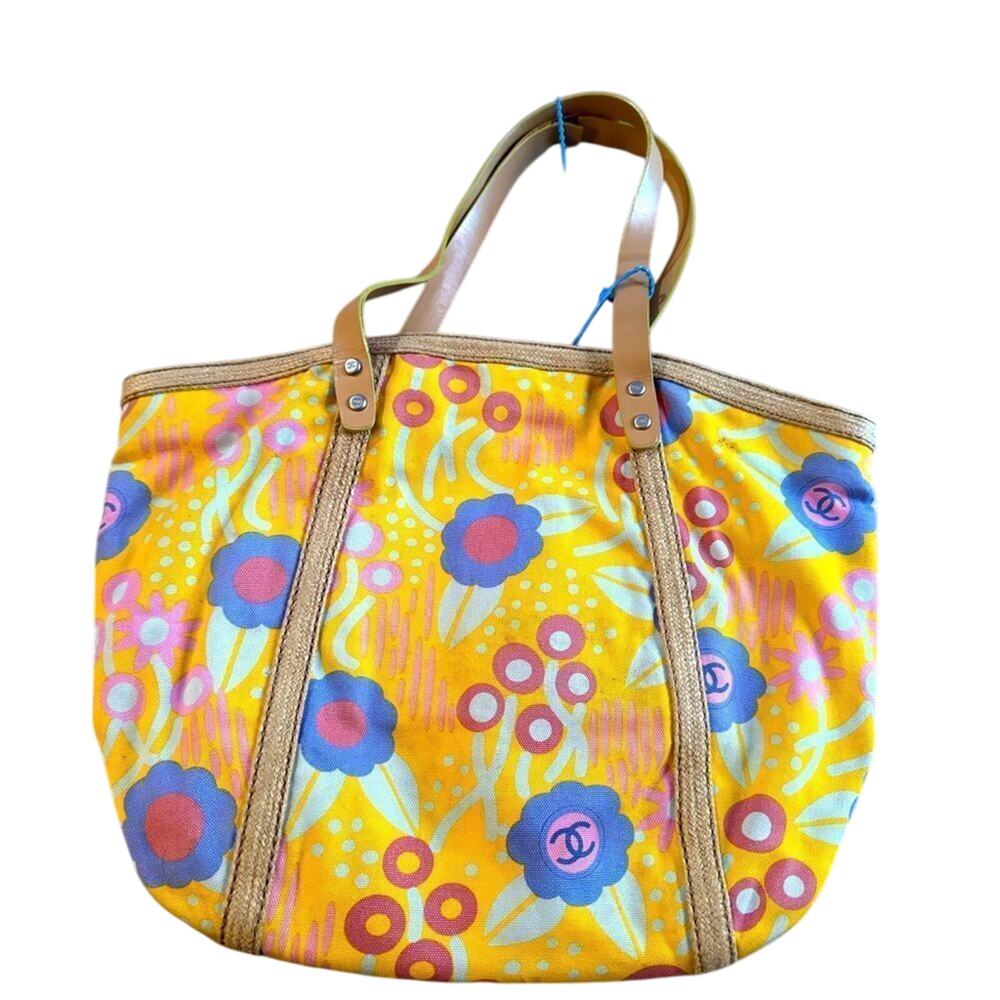 CHANEL CC Logos Flower Shoulder Tote Bag Canvas Leather Yellow 2 callouts GUC